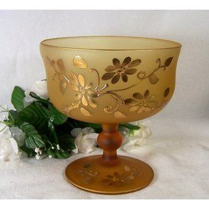 Satin Glass Golden Amber Pedestal Dish Flowers and Vines Vintage Lovely Decor 7"